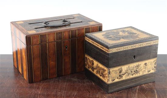 A Victorian Tunbridgeware tea caddy and a letter box